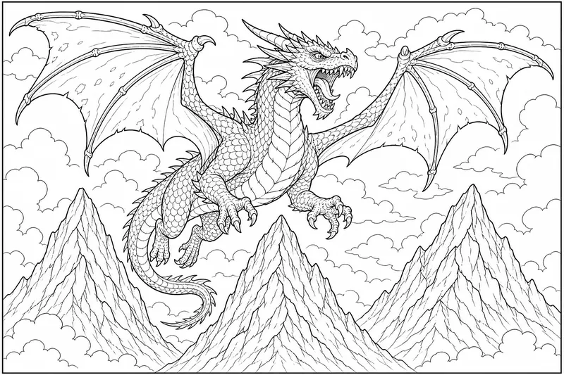 un dragon rugissant en plein vol au-dessus de trois sommets de montagne dentelés, ailes étendues largement