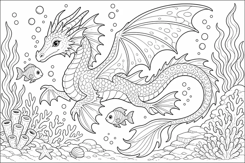 a winged sea dragon swimming under the ocean with bubbles around it and two small fish nearby