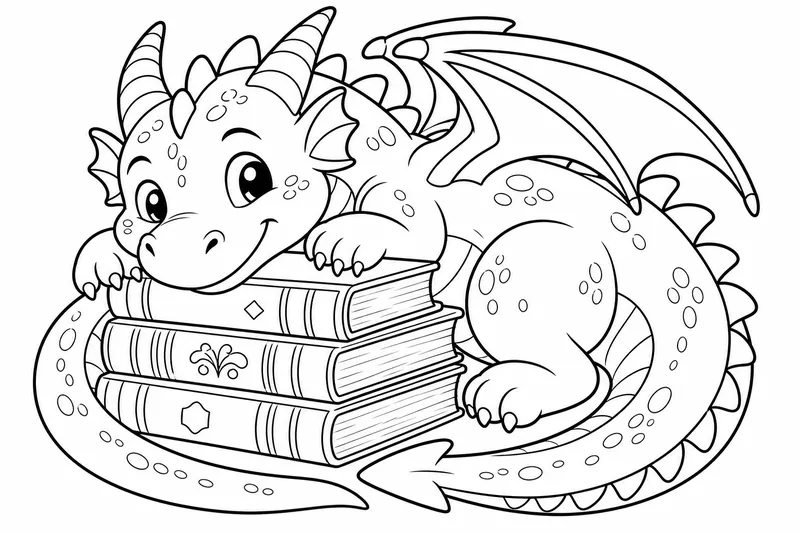 ein freundlicher Cartoon-Drache, der sich um einen Stapel Bücher krümmt, mit einem sanften Lächeln, molligen Pfoten, einfachen dicken Umrissen