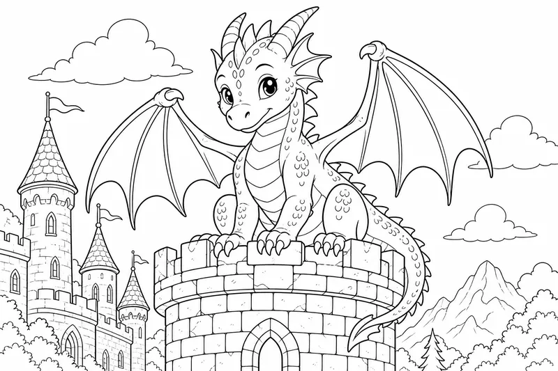ein junger Drache, der auf der Spitze eines kleinen Burgturms sitzt, die Flügel halb ausgebreitet, sanfter Blick