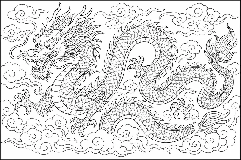 ein langer bandförmiger chinesischer Drache, der durch wirbelnde Wolken, fließende Schnurrhaare und gewundene Körper tanzt