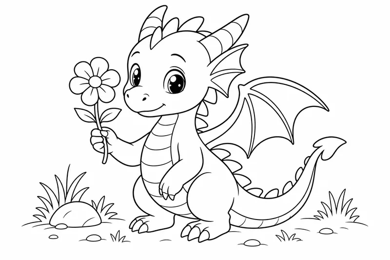 a small dragon holding a single flower in one claw, soft expression, simple background