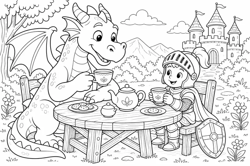 a friendly dragon and a small knight sharing tea at a wooden table outdoors, both smiling