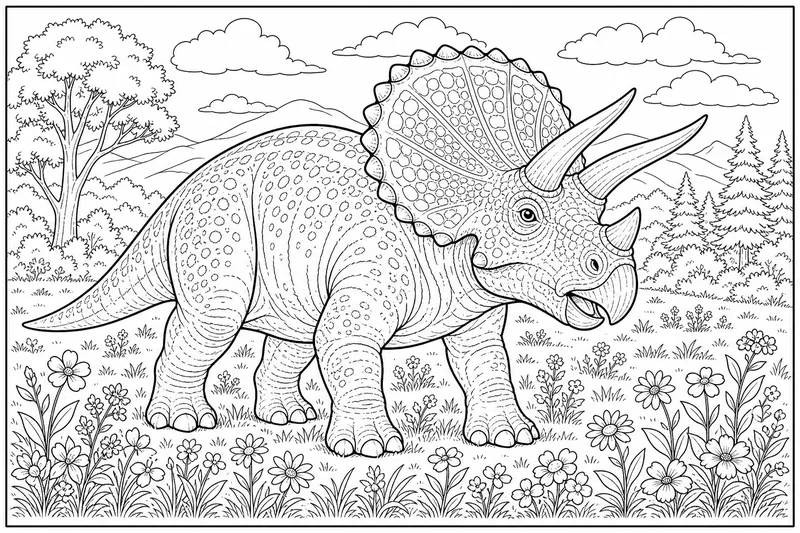 Un triceratops con una gola detallada y tres cuernos, de pie en un prado con pequeñas plantas florecientes a sus pies
