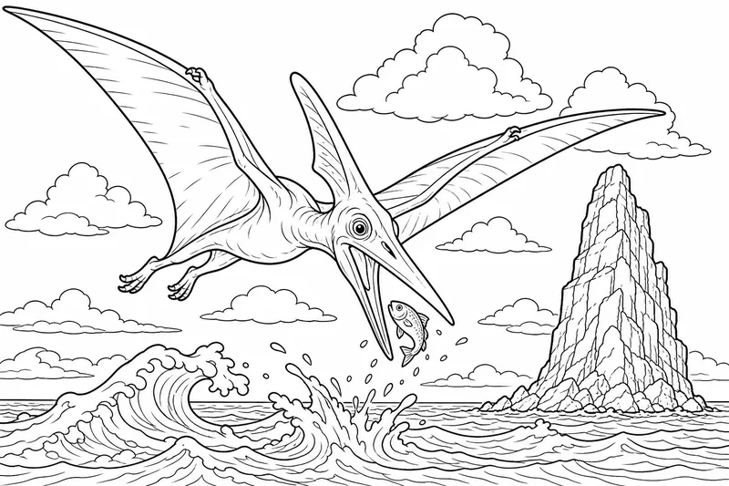 A pteranodon catching a small fish above ocean waves, with clouds and one tall sea stack in the background
