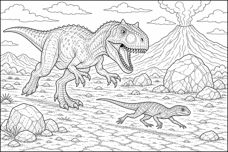 An allosaurus chasing a small reptile across a dry plain, scattered boulders and a distant volcano