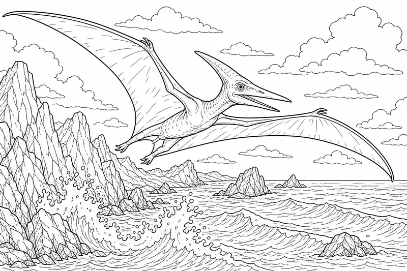 Un pterodáctilo con las alas extendidas, planeando sobre una costa de rocas afiladas y olas rompiendo