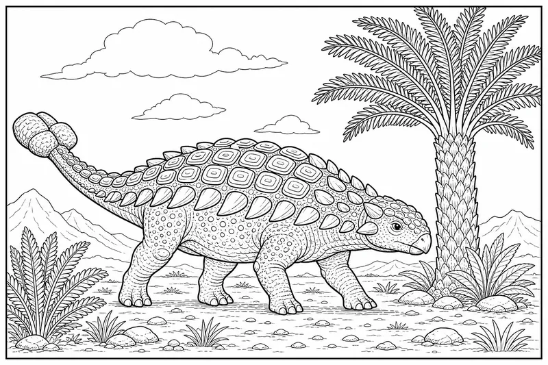 Un ankylosaure avec une queue en forme de massue et une armure à motifs le long de son dos, passant devant un grand arbre cycad