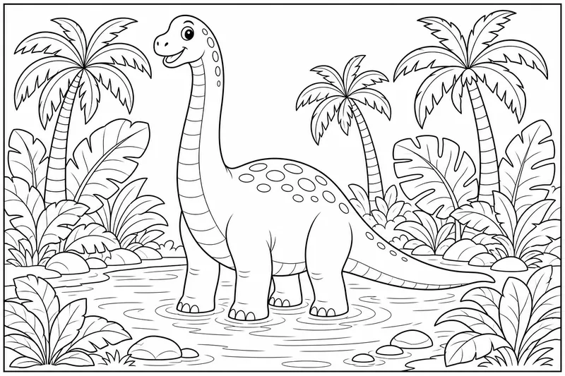 A friendly long-necked brachiosaurus standing in a shallow pond, with palm trees and large rounded leaves in the background