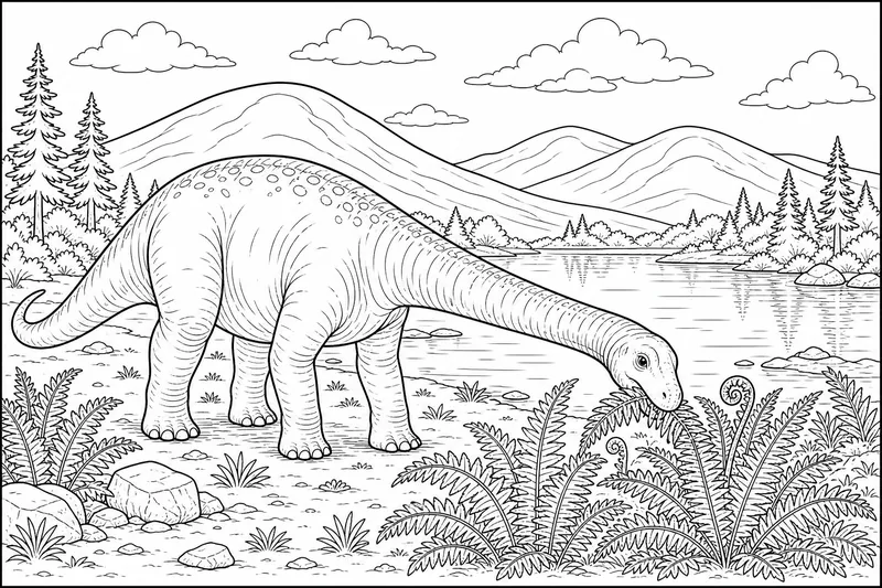 Egy diplodocus alacsony páfrányokat rág egy nyugodt tó mellett, a távolban gördülő dombokkal