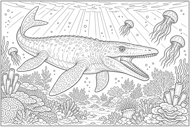 A mosasaur with paddle-shaped flippers diving past a coral reef, with rays of sunlight from above and small jellyfish floating in the water