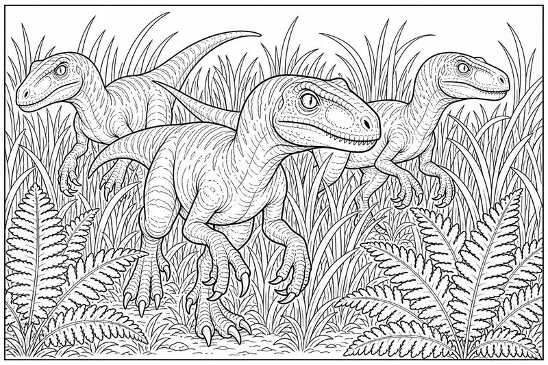 Three velociraptors stalking through tall grass, with scattered ferns in the foreground