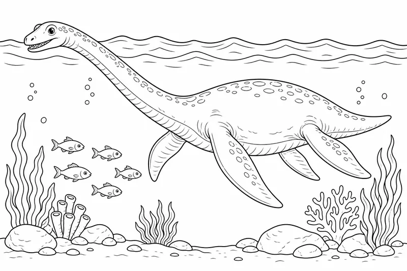 A long-necked plesiosaur swimming near the surface of the sea, with simple wave lines and a small school of fish nearby