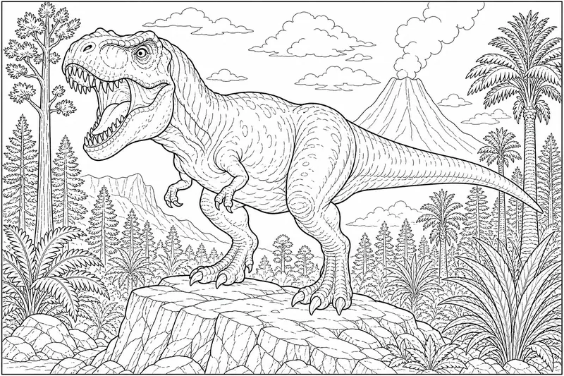 Un feroz T. rex de pie en un afloramiento rocoso con la boca abierta y la cola extendida, bosque prehistórico en el fondo