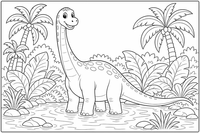 A friendly long-necked brachiosaurus standing in a shallow pond, with palm trees and large rounded leaves in the background
