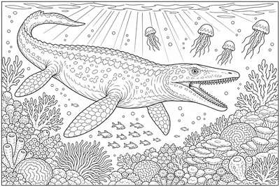 A mosasaur with paddle-shaped flippers diving past a coral reef, with rays of sunlight from above and small jellyfish floating in the water