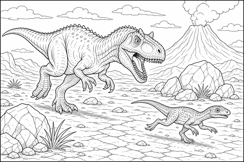 An allosaurus chasing a small reptile across a dry plain, scattered boulders and a distant volcano