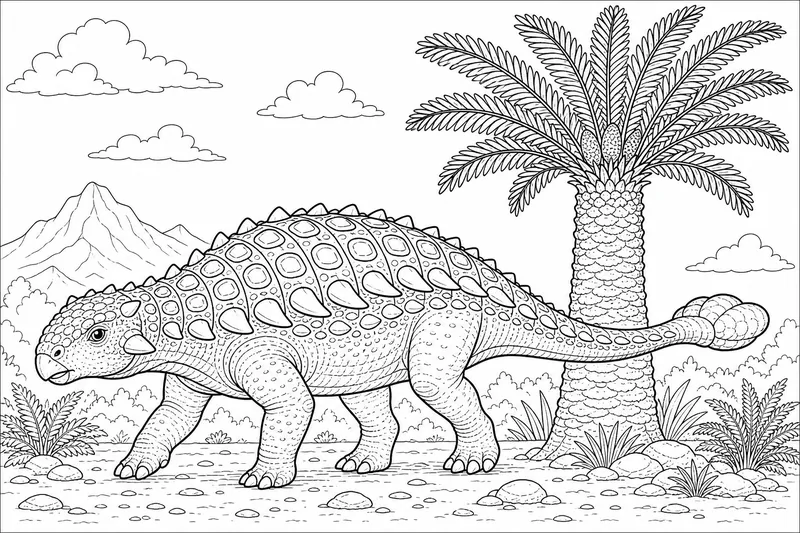 Ein Ankylosaurus mit einem Keulenschwanz und gemusterter Rüstung entlang seines Rückens, der an einem hohen Palmfarn vorbeigeht