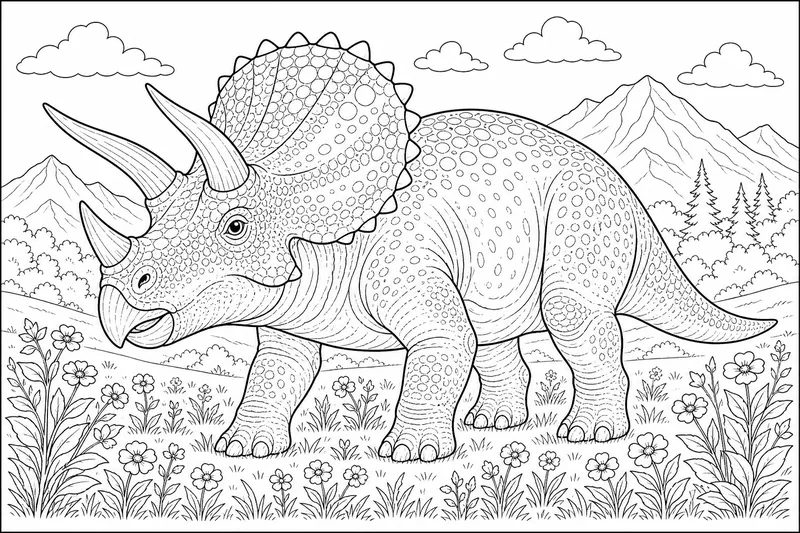 Un tricératops avec une collerette détaillée et trois cornes, debout dans une prairie avec de petites plantes fleuries à ses pieds