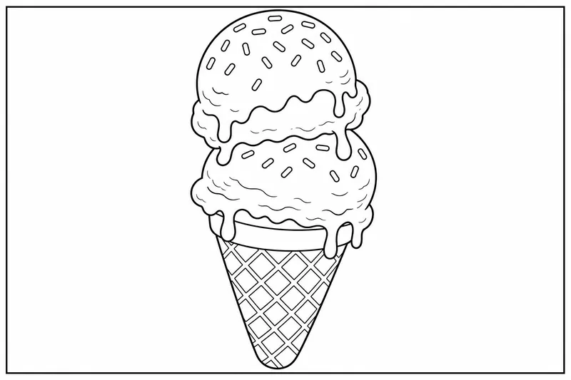 Eine doppelte Eiskugel, zwei gestapelte runde Kugeln mit Tropfen, die an der Seite herunterlaufen, eine Zuckerwaffel darunter, die untere Kugel leicht geneigt