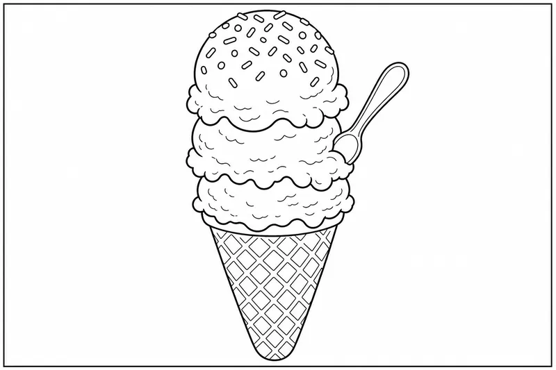 A tall waffle cone with three stacked scoops piled high, sprinkles scattered across the top scoop, a small spoon poking out from the side