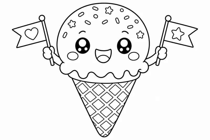 Ein Kawaii-Stil Eiscremekegel mit einem lächelnden Gesicht auf der abgerundeten Kugel, hält zwei kleine Flaggen-Toppings auf beiden Seiten, freundliches Cartoon-Charakter-Gefühl