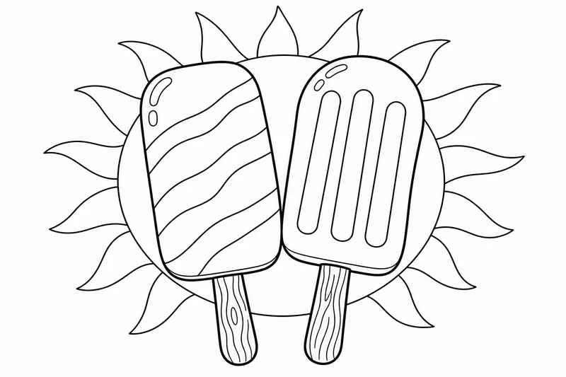 A pair of popsicles held side by side, the left one a smooth rounded rectangle, the right one a paddle shape, both on wooden sticks, sharing a thin background sun