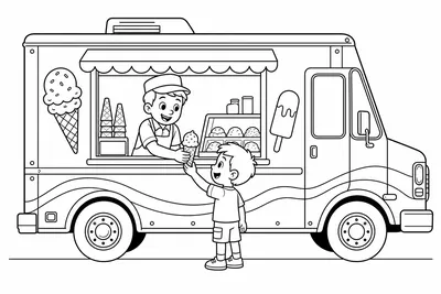 A boxy ice cream truck shown from the side view, a large serving window in the middle, small drawings of a cone and a popsicle on the side panel, a happy child customer standing by the window holding a cone, no readable text or letters on the truck
