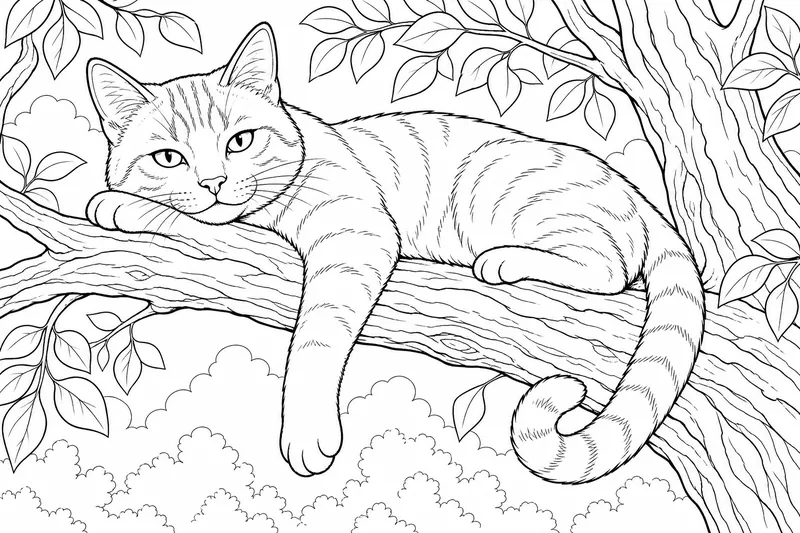 Eine Katze liegt entspannt auf einem Baumast im Freien, eine Pfote baumelt, der Schwanz ist gekrümmt, entspannter Ausdruck
