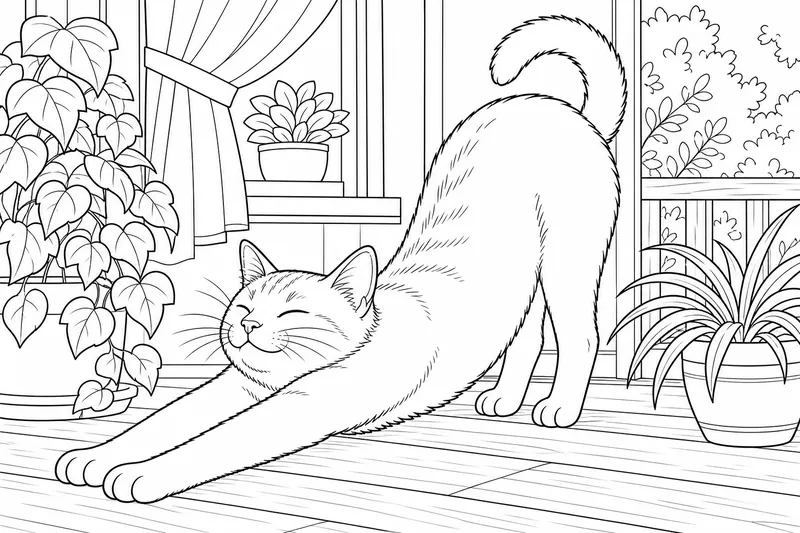 A cat stretching upward with front paws extended forward, classic morning stretch pose, back arched