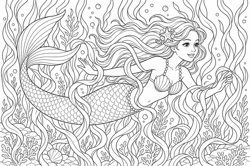 Una sirena deslizándose a través de un bosque de algas marinas, cintas de hierba marina rizándose alrededor de su cola y brazos