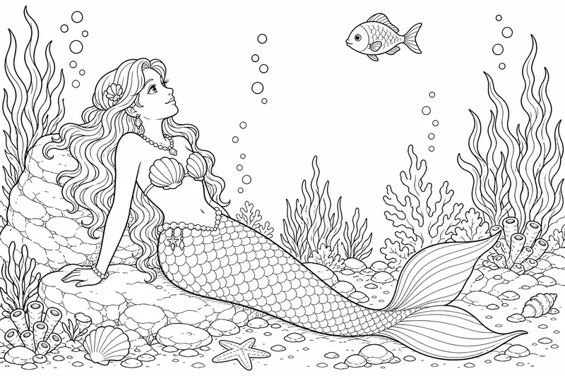 A mermaid leaning back against an underwater stone, looking up at a single small fish drifting above her