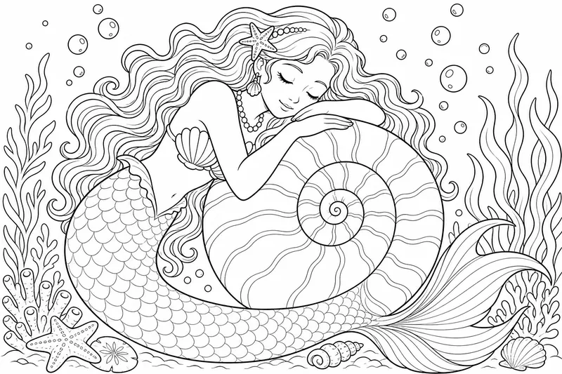 A mermaid curled around a giant spiral shell, eyes closed, peaceful pose, soft bubbles drifting up
