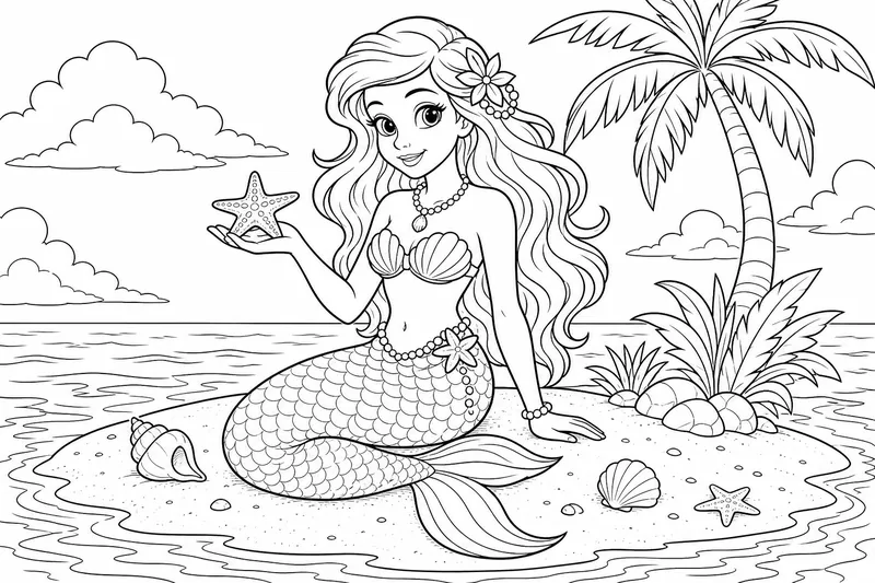 A mermaid sitting on a small sandbar with her tail tucked under her, holding a starfish in her open palm