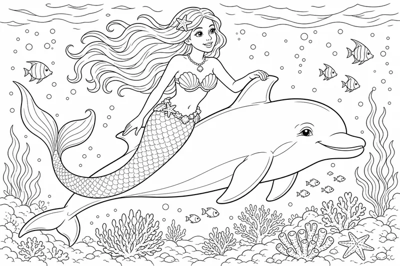 Une sirène chevauchant un dauphin amical à travers l'eau libre, une main reposant sur sa nageoire, les cheveux soufflant en arrière