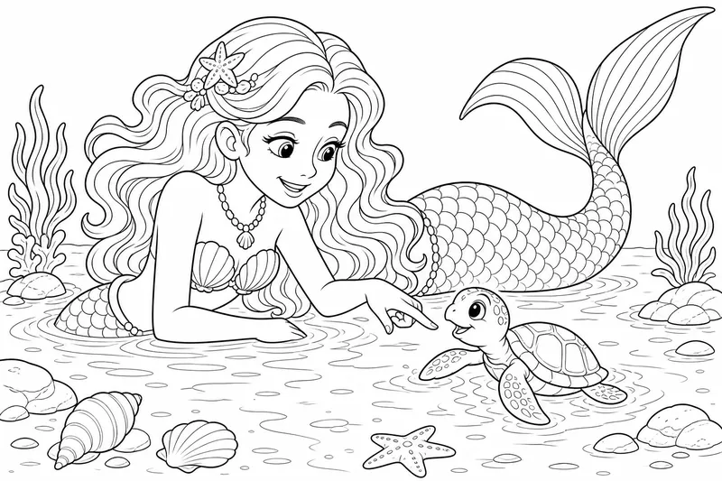 A mermaid playing with a small sea turtle in shallow water, her tail mid kick, a few simple ripples around them