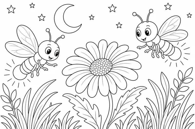 Dos luciérnagas revoloteando cerca de una margarita con una luna creciente y unas pocas estrellas