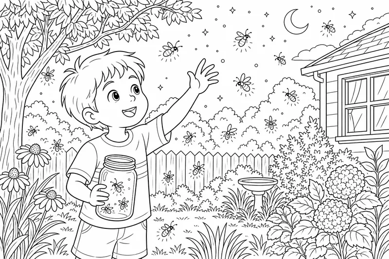 A child holding an open jar and reaching toward fireflies in a backyard at night