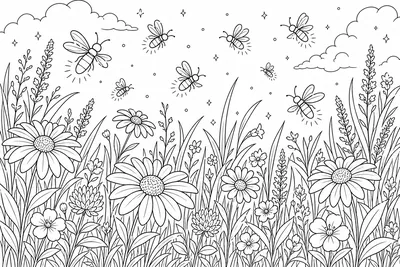 A meadow scene with fireflies drifting above flowers and tall grass