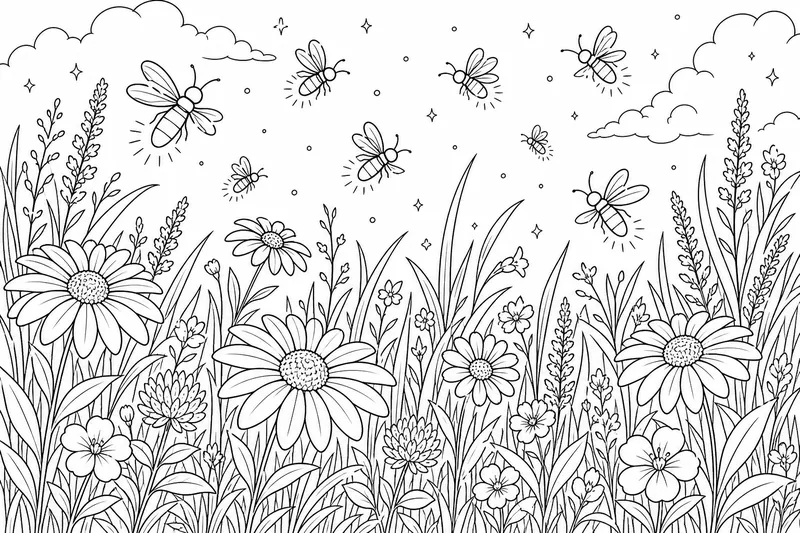 Eine Wiesenlandschaft mit Glühwürmchen, die über Blumen und hohem Gras schweben