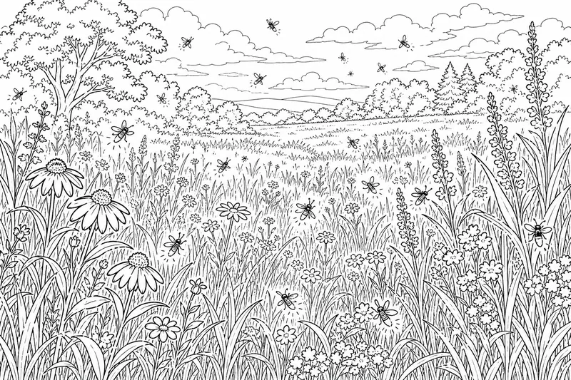 Eine weite Sommerwiese mit hohem Gras, Wildblumen und vielen kleinen Glühwürmchen, die schweben