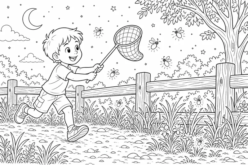 A child with a net chasing fireflies near a wooden fence at night