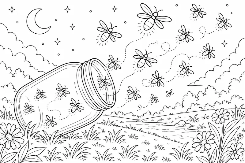 A tipped-over glass jar with fireflies escaping into the air, clear outlines