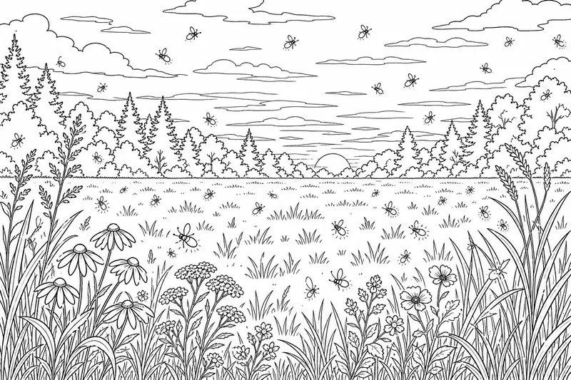 A field at dusk with a distant treeline and dozens of fireflies in the air