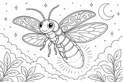 A single firefly in flight with patterned wings and a bright abdomen