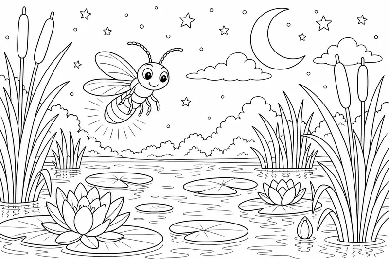 Ein Glühwürmchen schwebt nachts über einem Teich mit Schilf und Seerosen