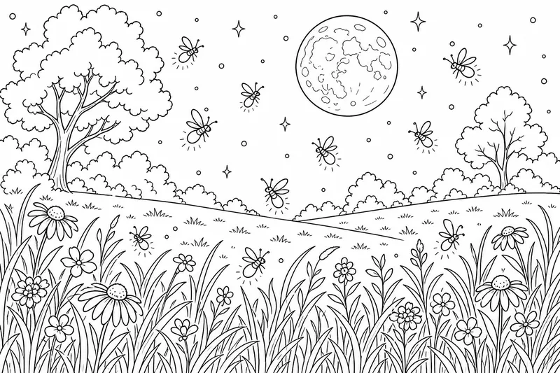 A grassy meadow at night with a full moon and many fireflies, simple lines