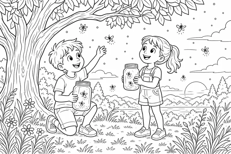 Two kids holding jars catching fireflies under a big tree at dusk
