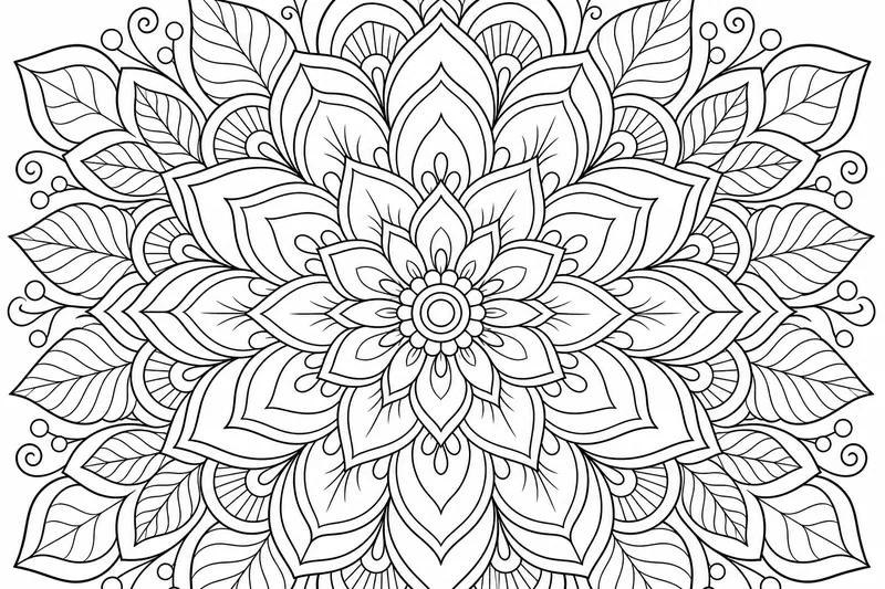 Ein florales Mandala mit geschichteten Blütenblättern und Blättern
