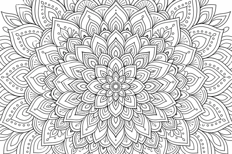 Ein kompliziertes symmetrisches geometrisches Mandala mit feinen wiederholenden Blütenblättern